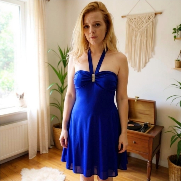 B. Wear Too ✦ Blue Halter Mini Dress ✦ Crystal Accent w/ Satin Glow & Ruffle Hem - Picture 6 of 13
